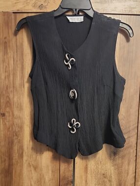 Black Crinkle Sleeveless V-Neck Vest with Decorative Large Unique Swirl Buttons